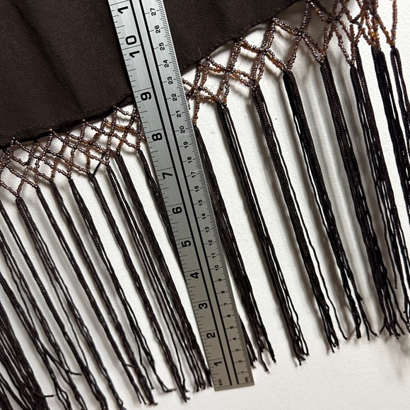 Brown Beaded Fringe Sheer Rectangular Scarf Bohemian Tassel 20" x 36" Wrap Skirt - Picture 13 of 15